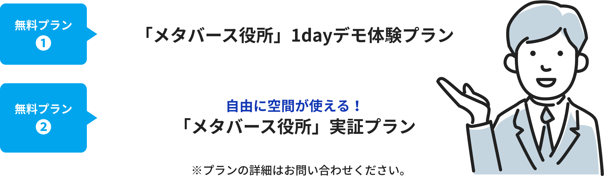 無料プラン ❶「メタバース役所」1dayデモ体験プラン 無料プラン❷自由に空間が使える！「メタバース役所」実証プラン ※プランの詳細はお問い合わせください。